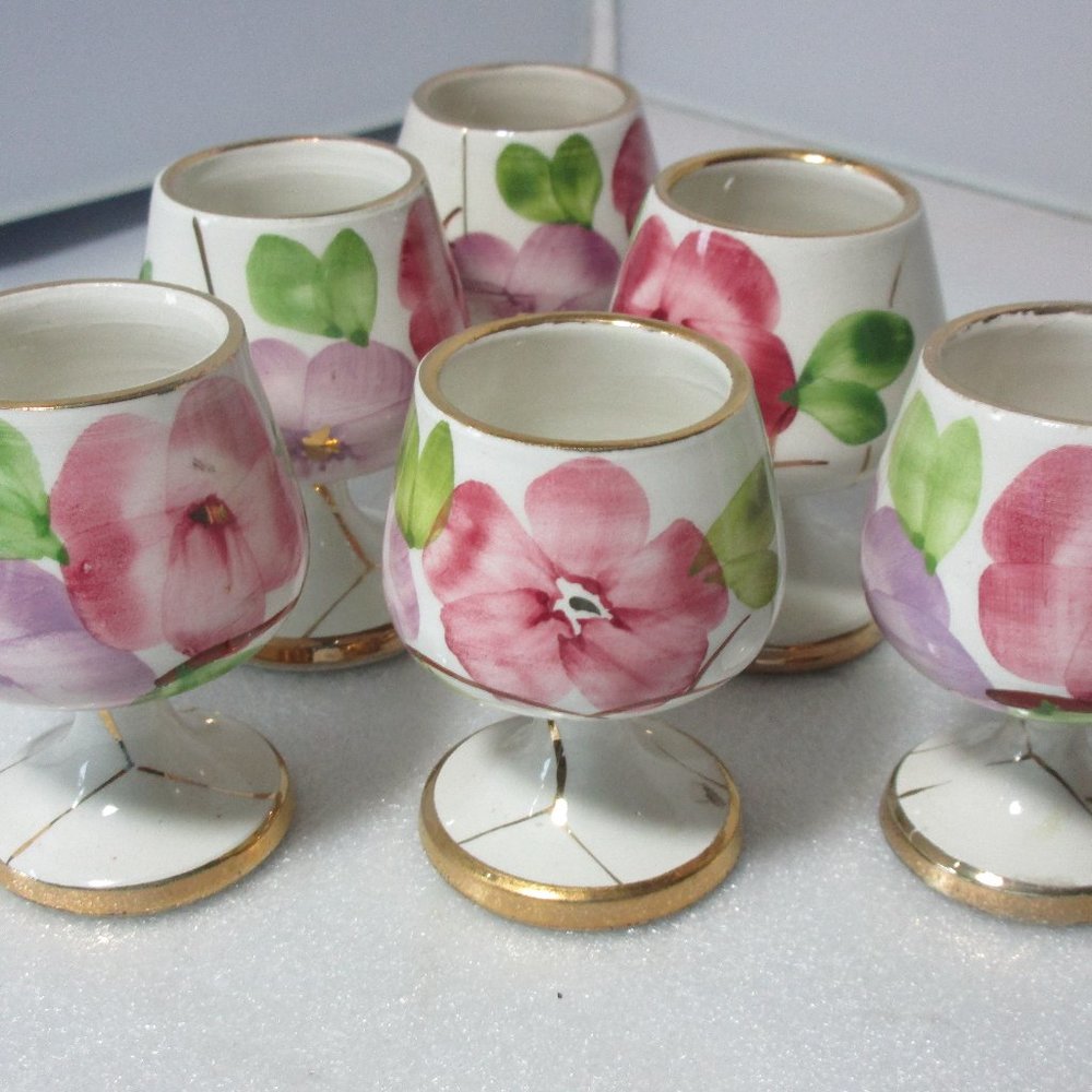 Lovely  Pink & Purple Floral Ceramic Cordial Glasses Cups